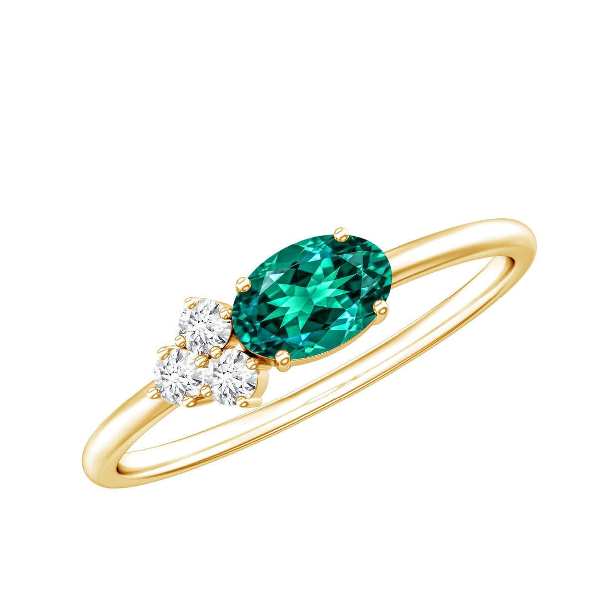 East West Style Oval Lab Grown Emerald Promise Ring with Diamond Trio
