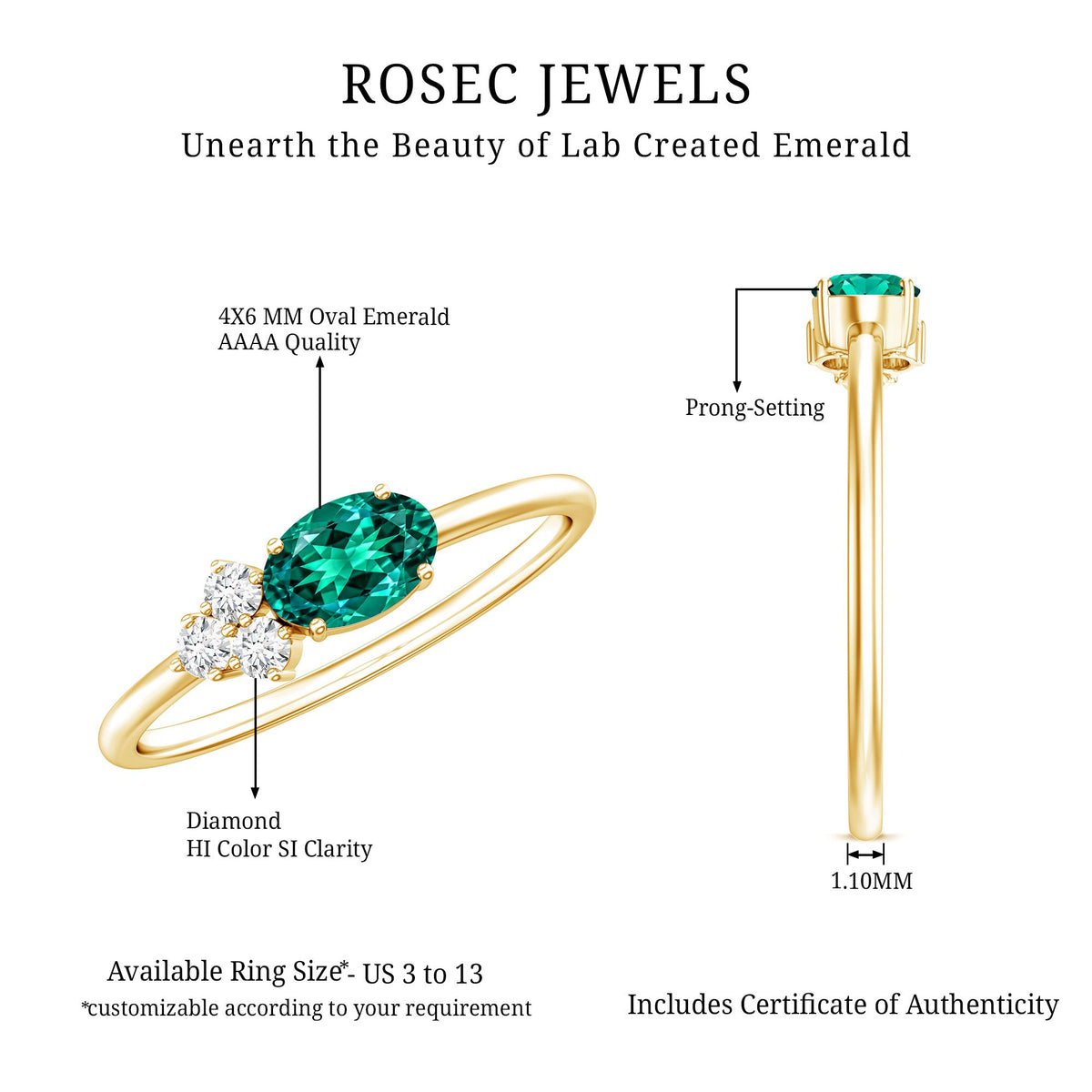 East West Style Oval Lab Grown Emerald Promise Ring with Diamond Trio