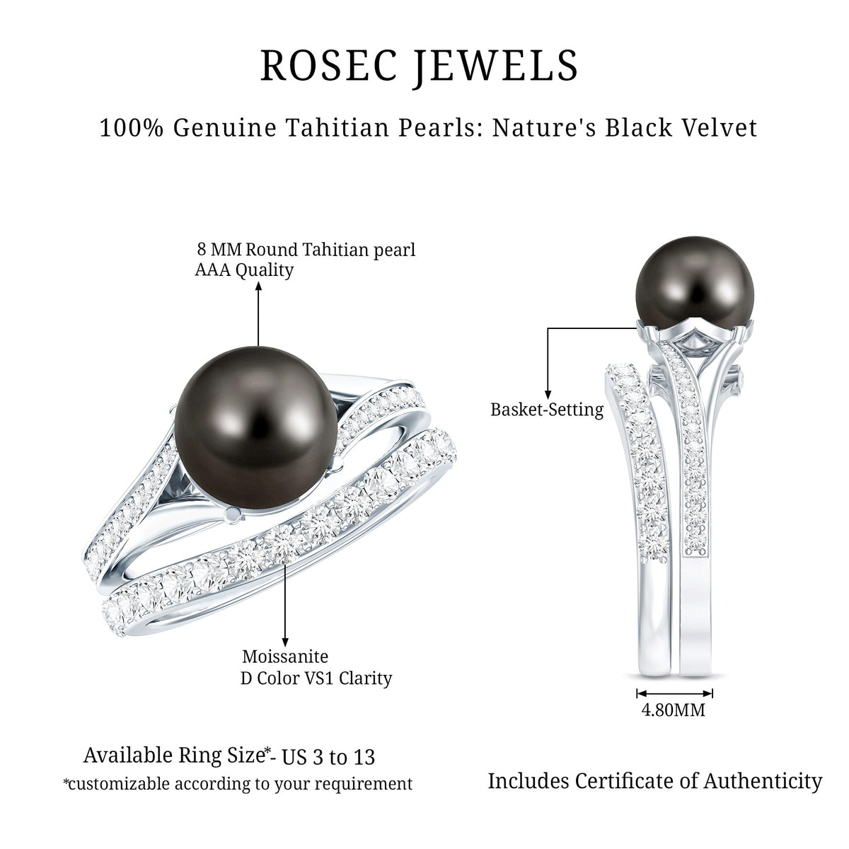 Designer Tahitian Black Pearl Wedding Ring Set with Moissanite