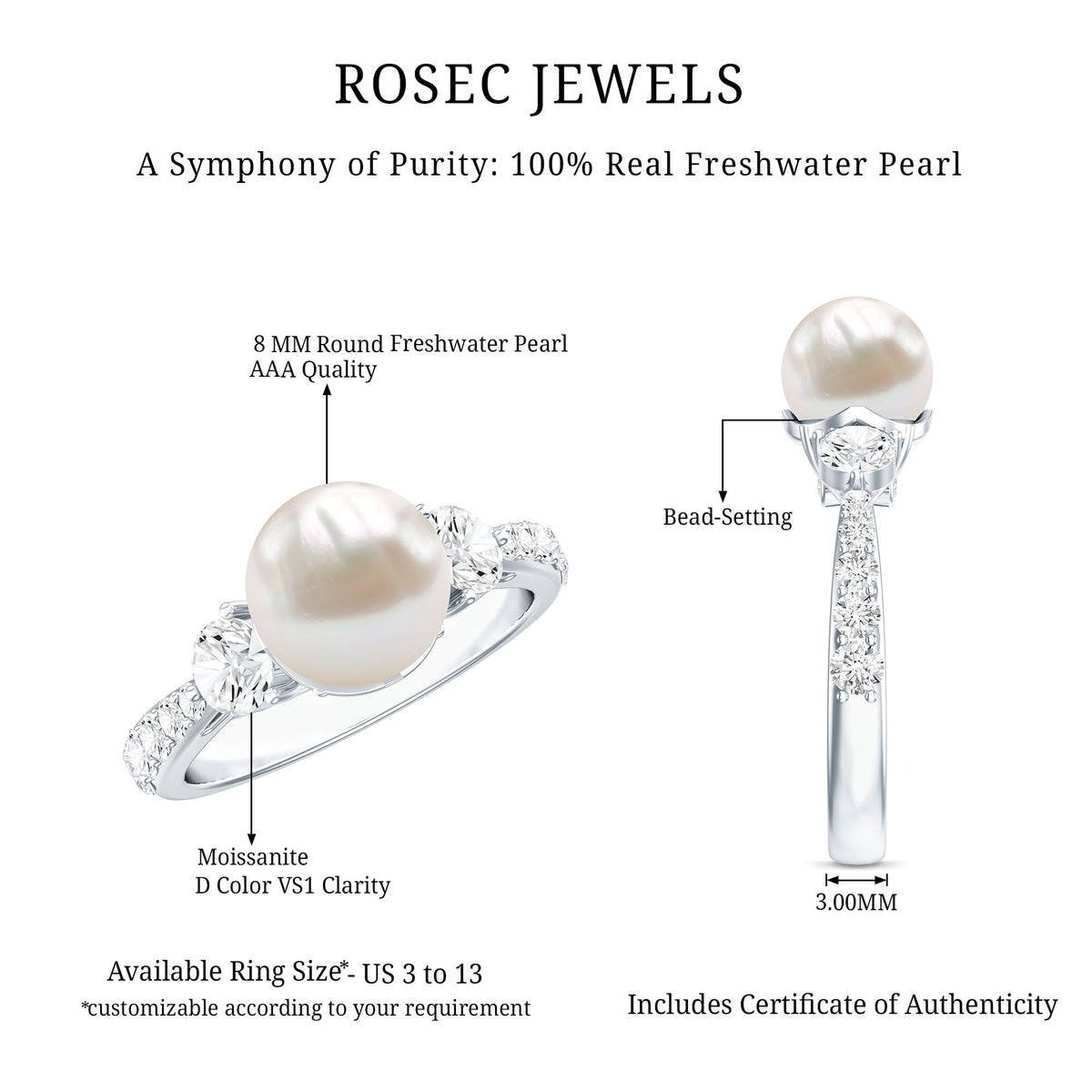 Cultured 7.4 Carat Freshwater Pearl Engagement Ring with Moissanite