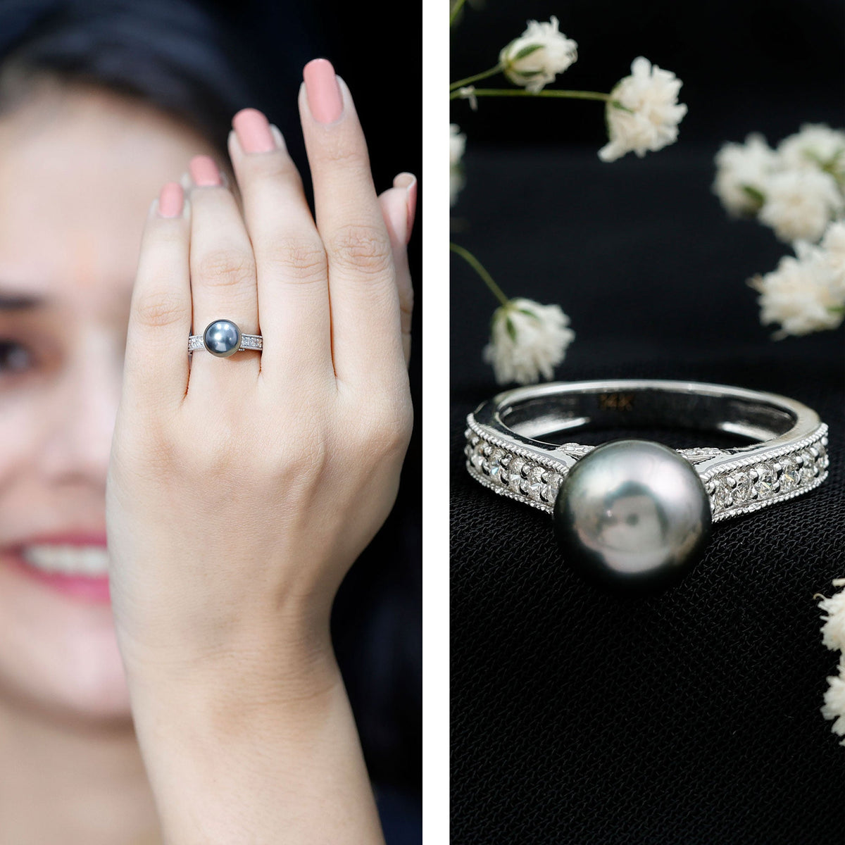 Natural Tahitian Pearl Engagement Ring with Diamond Side Stones