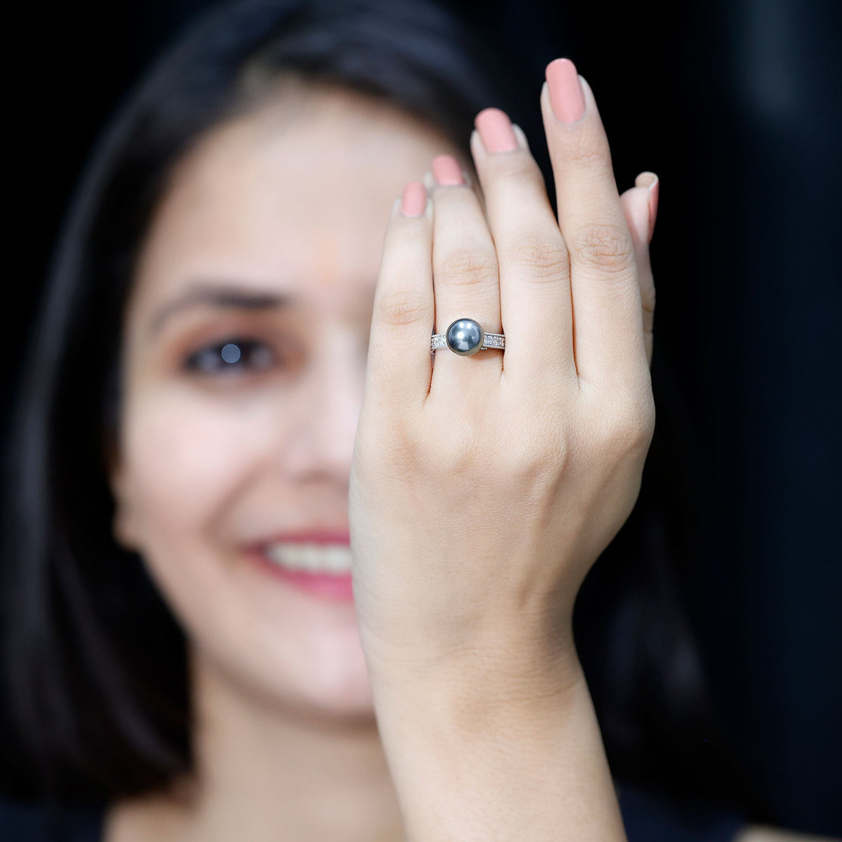 Natural Tahitian Pearl Engagement Ring with Diamond Side Stones