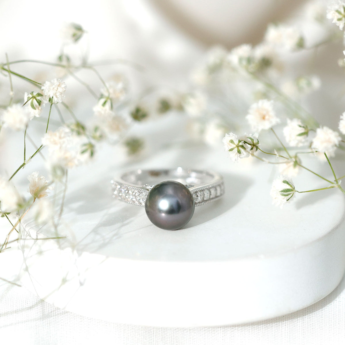 Natural Tahitian Pearl Engagement Ring with Diamond Side Stones