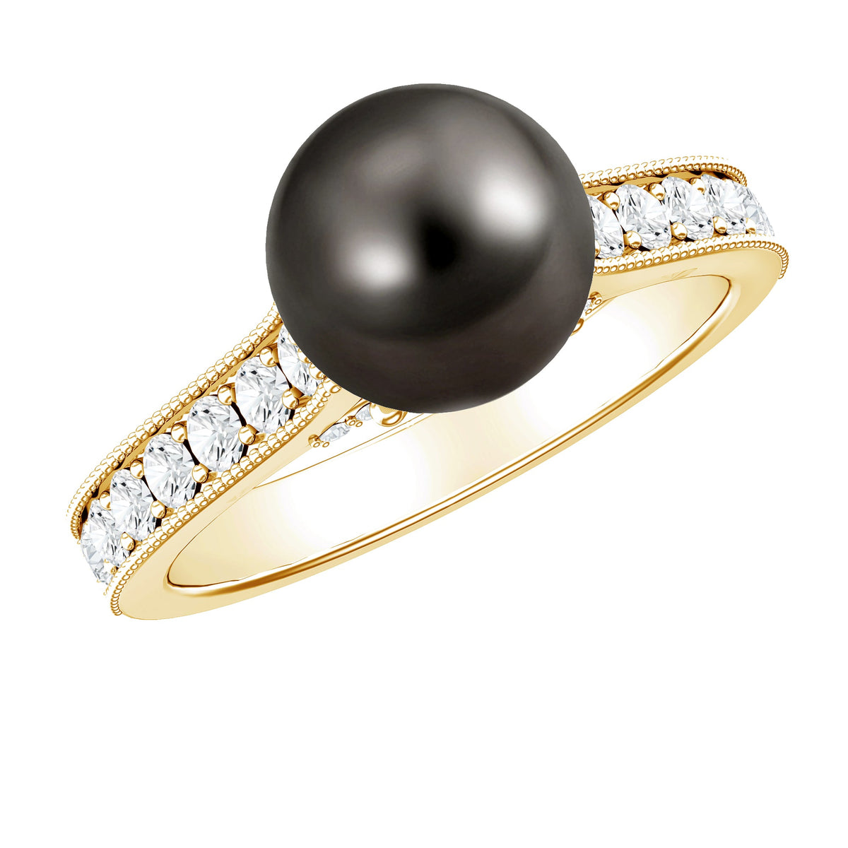 Natural Tahitian Pearl Engagement Ring with Diamond Side Stones