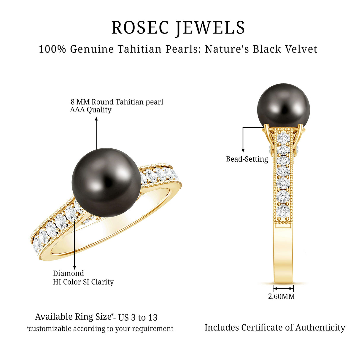Natural Tahitian Pearl Engagement Ring with Diamond Side Stones
