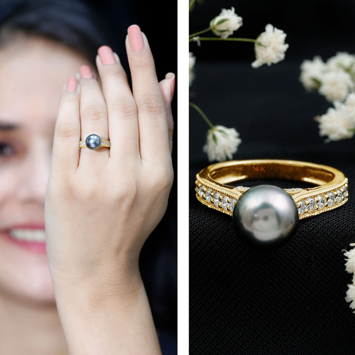 Natural Tahitian Pearl Engagement Ring with Diamond Side Stones