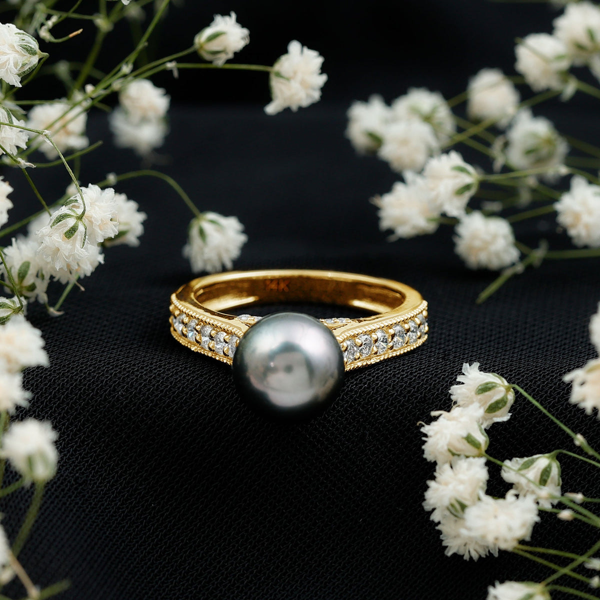 Natural Tahitian Pearl Engagement Ring with Diamond Side Stones