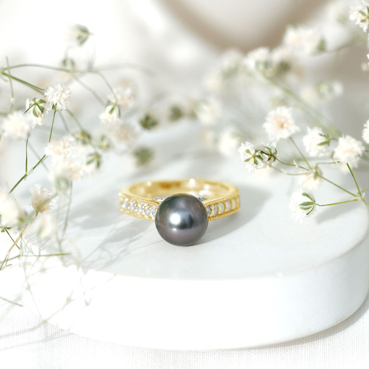 Natural Tahitian Pearl Engagement Ring with Diamond Side Stones