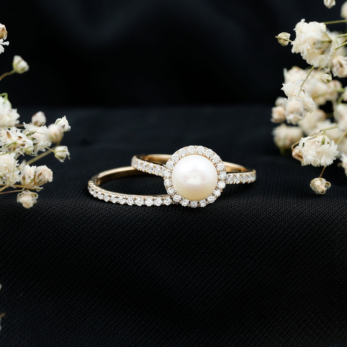Round Freshwater Pearl and Moissanite Halo Wedding Ring Set
