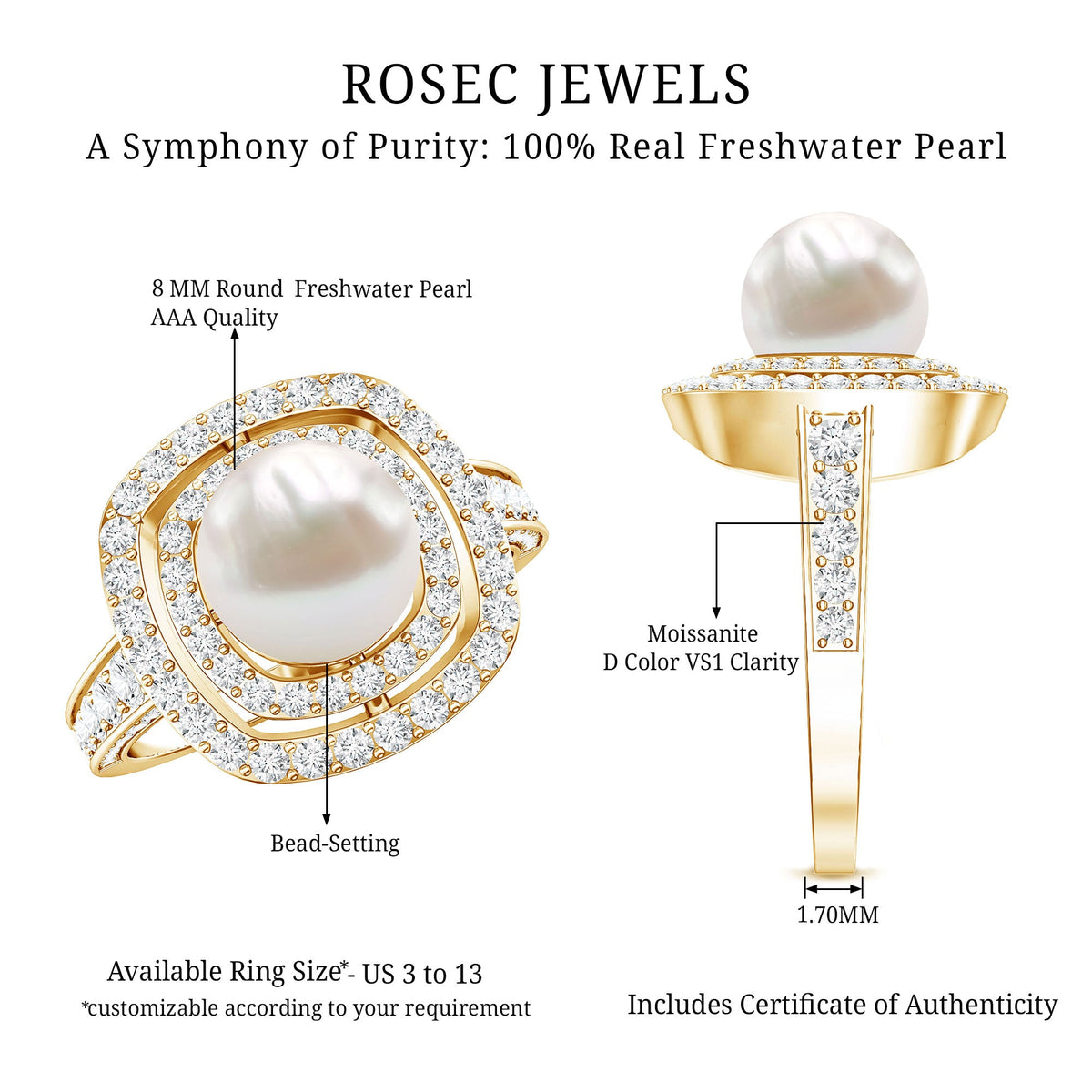 7.4 Carat Freshwater Pearl Double Halo Engagement Ring with Moissanite
