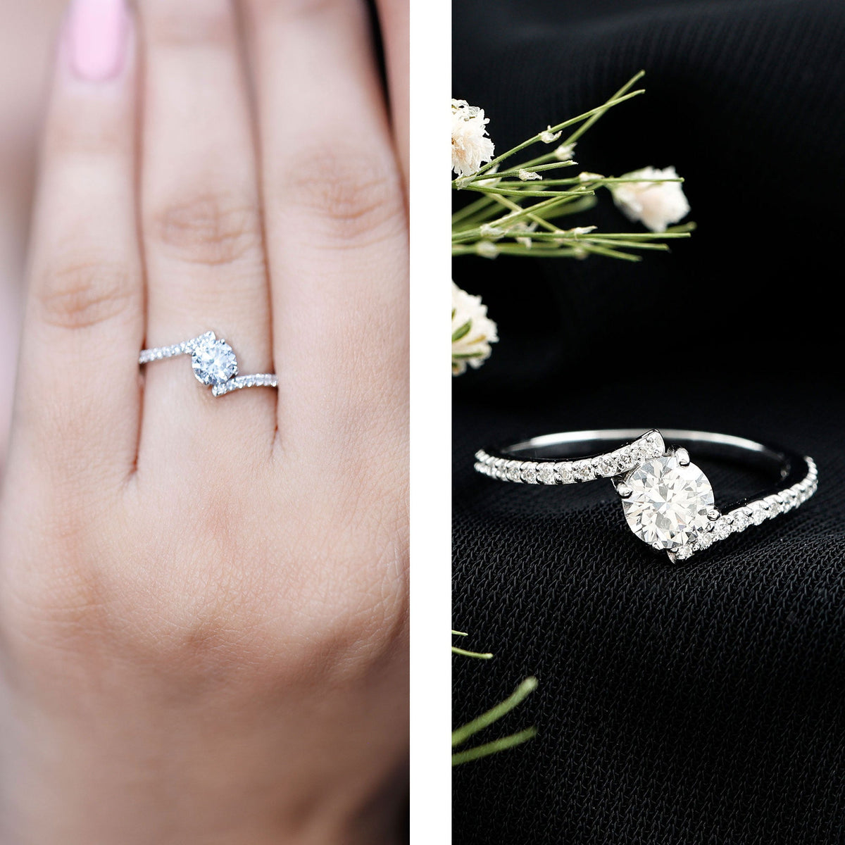 Certified Brilliant Cut Moissanite Solitaire Promise Ring with Bypass Shank