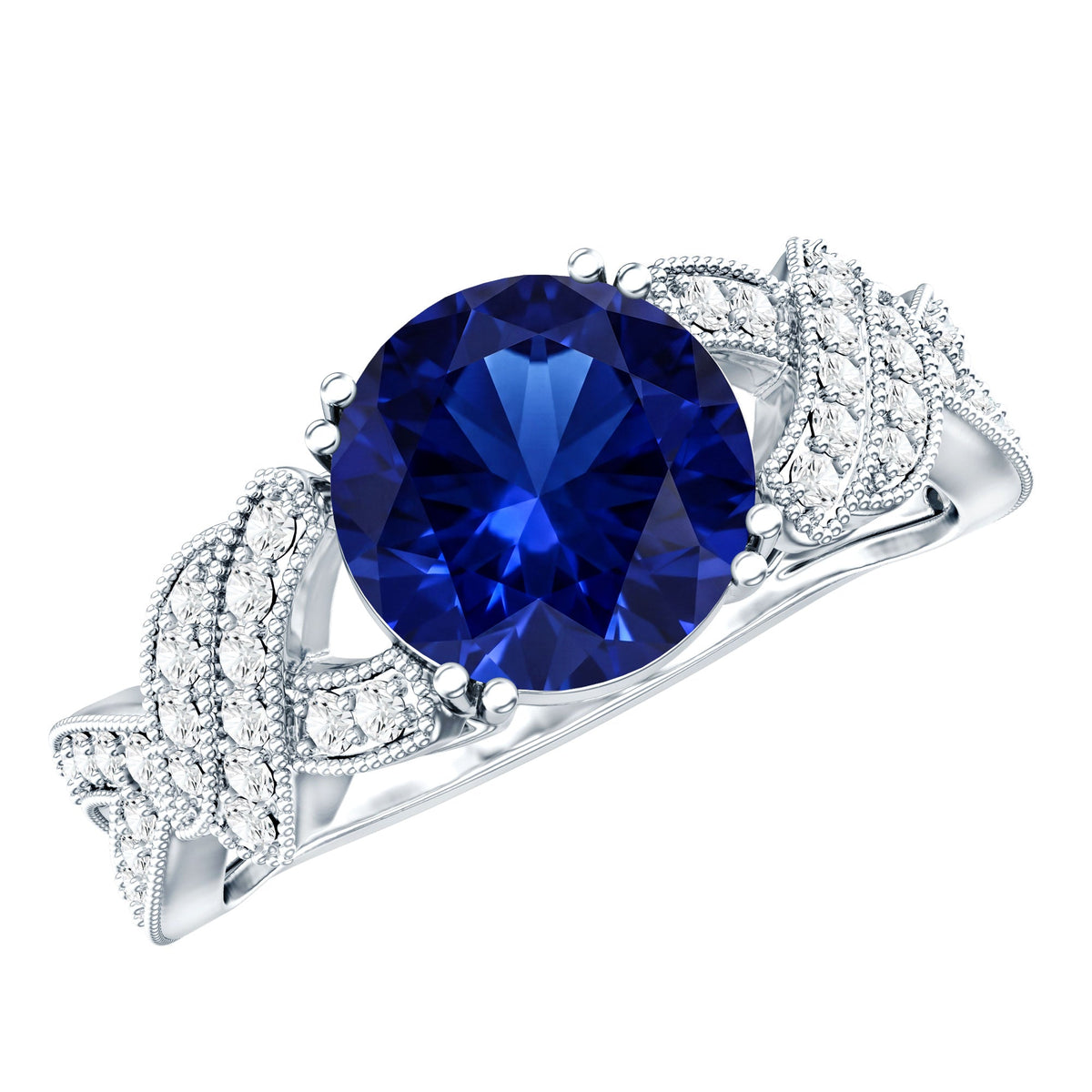 Designer 2.7 Carat Lab Grown Blue Sapphire Statement Engagement Ring with Diamond