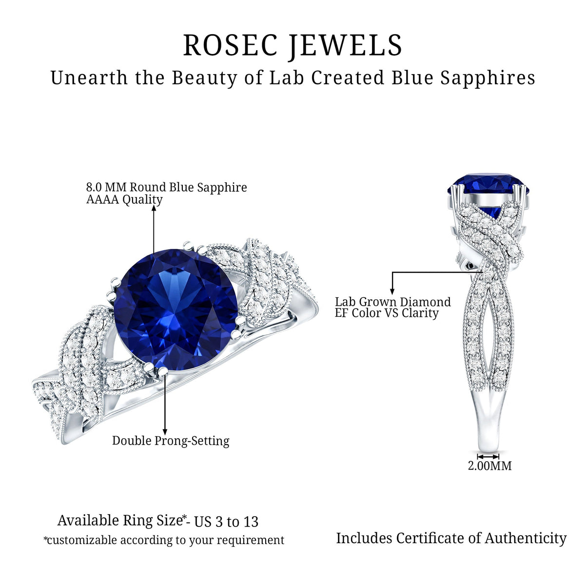 Designer 2.7 Carat Lab Grown Blue Sapphire Statement Engagement Ring with Diamond