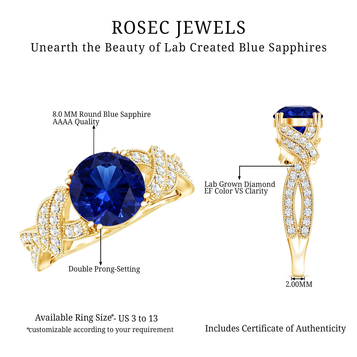 Designer 2.7 Carat Lab Grown Blue Sapphire Statement Engagement Ring with Diamond