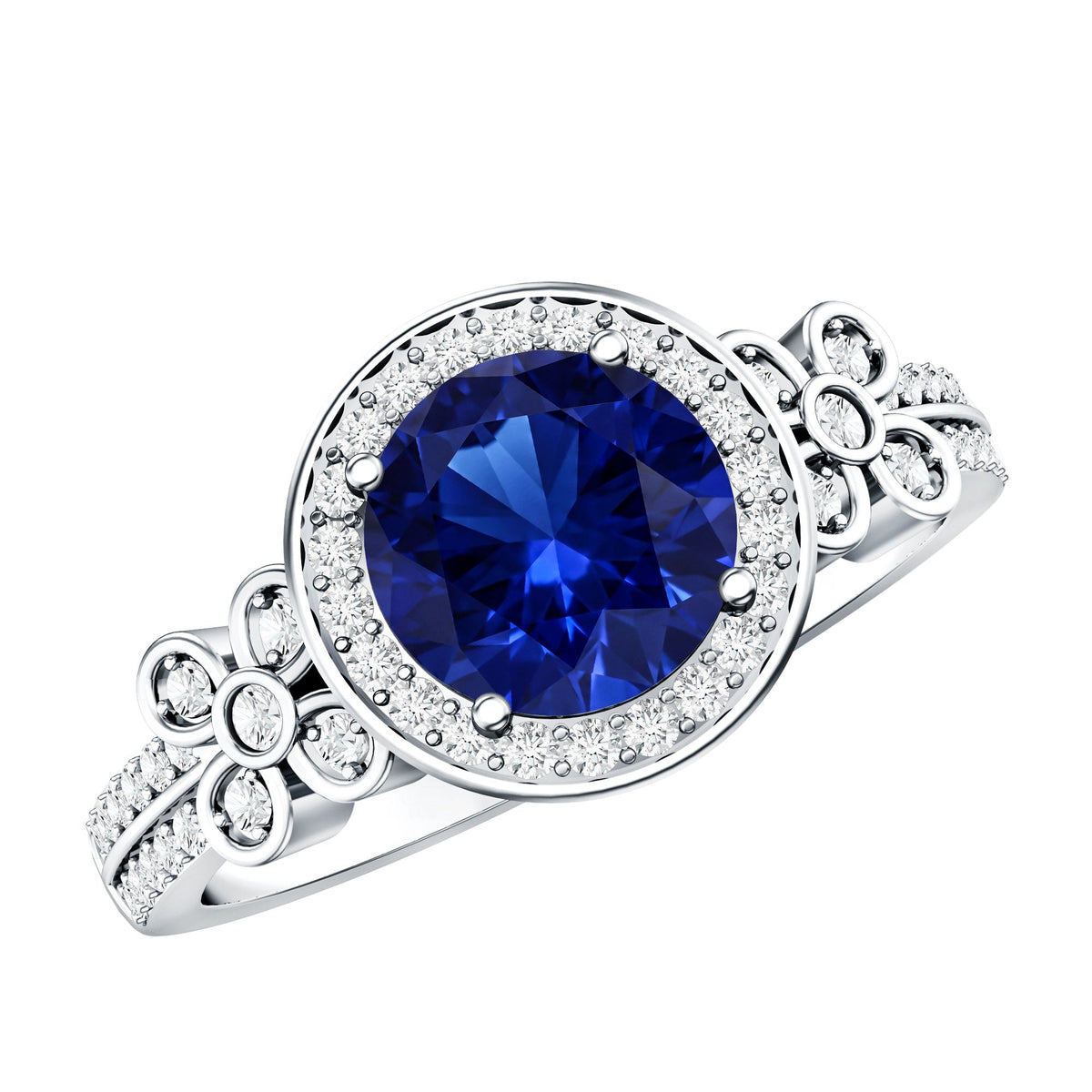 Certified 2.7 Carat Lab Grown Blue Sapphire Halo Engagement Ring with Diamond Flower