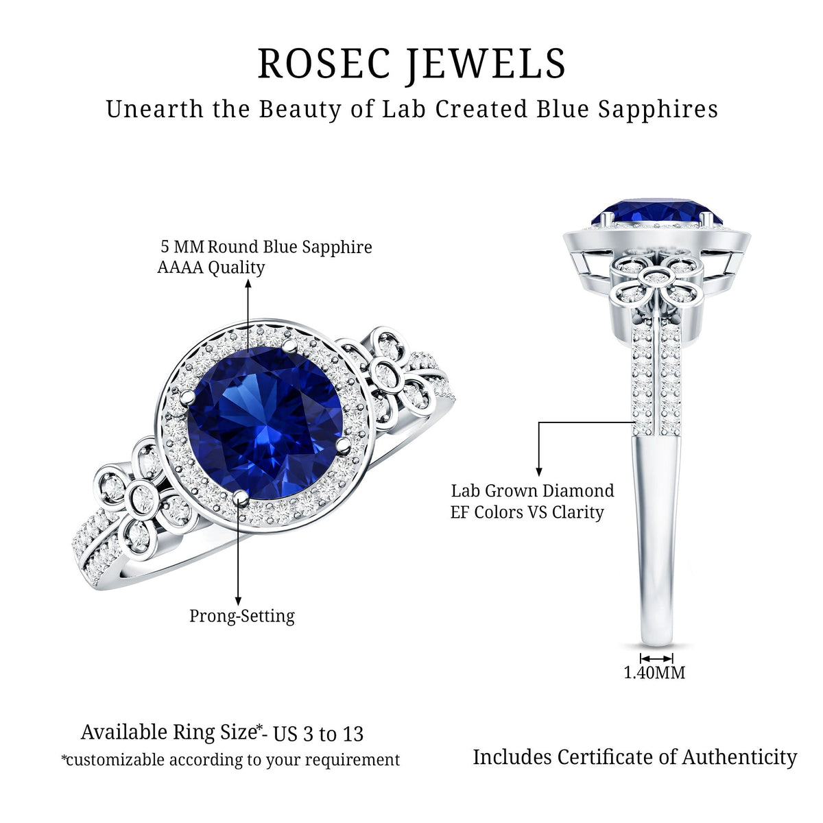 Certified 2.7 Carat Lab Grown Blue Sapphire Halo Engagement Ring with Diamond Flower