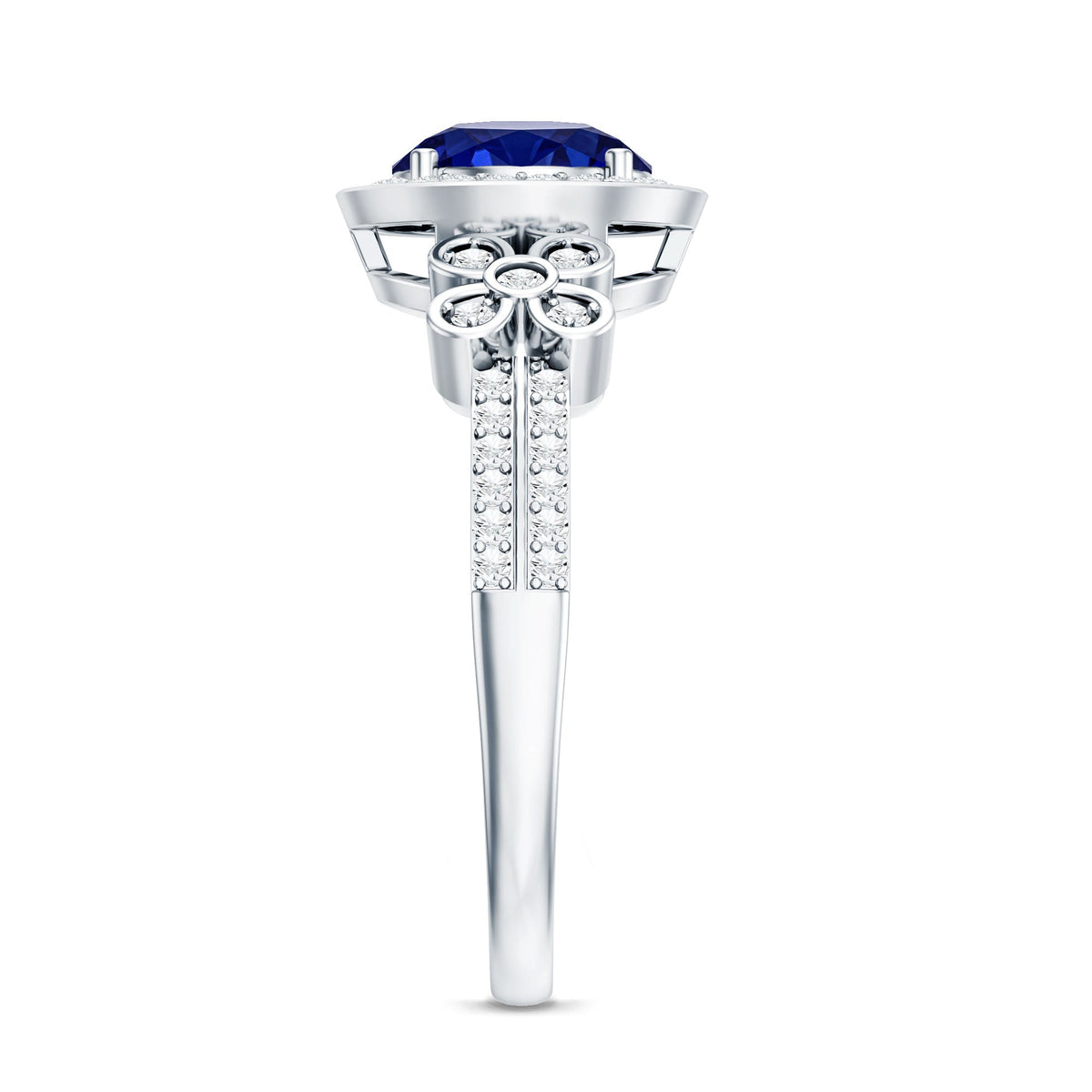 Certified 2.7 Carat Lab Grown Blue Sapphire Halo Engagement Ring with Diamond Flower