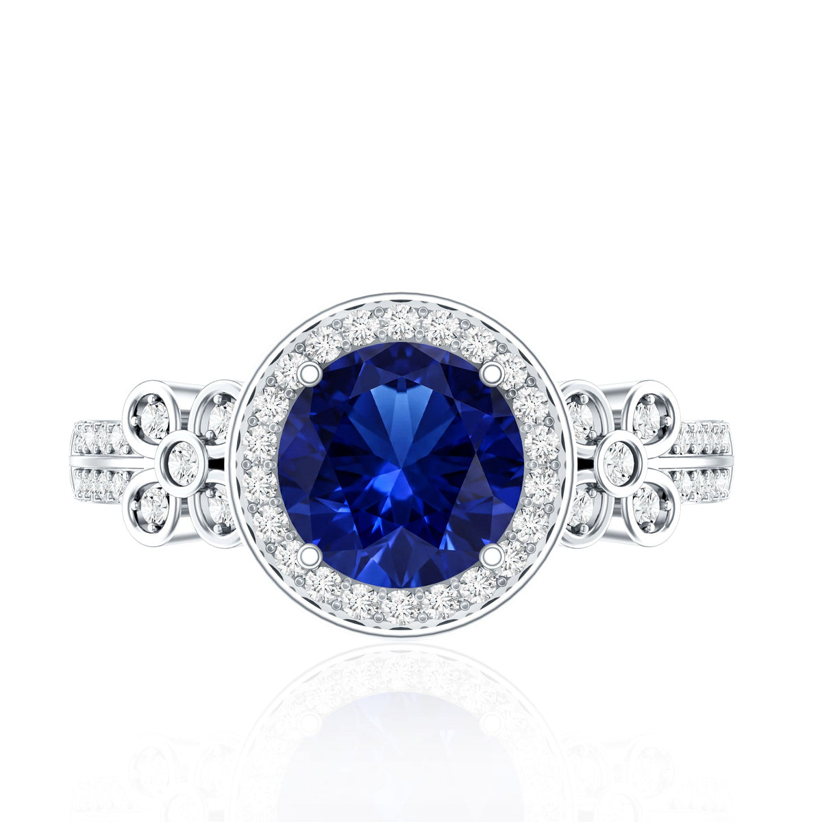 Certified 2.7 Carat Lab Grown Blue Sapphire Halo Engagement Ring with Diamond Flower