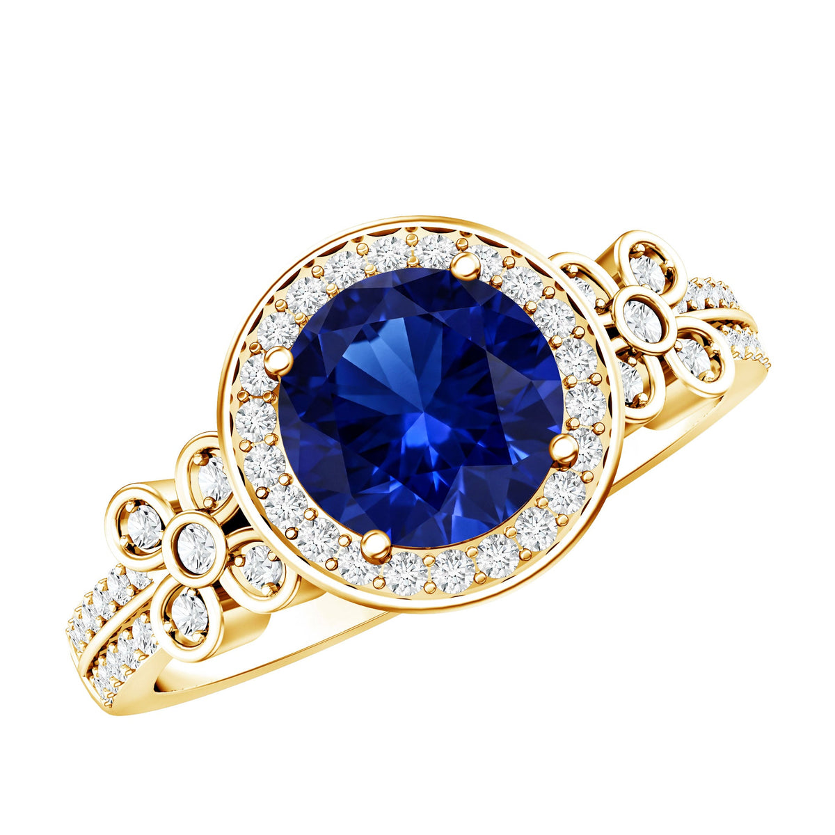Certified 2.7 Carat Lab Grown Blue Sapphire Halo Engagement Ring with Diamond Flower