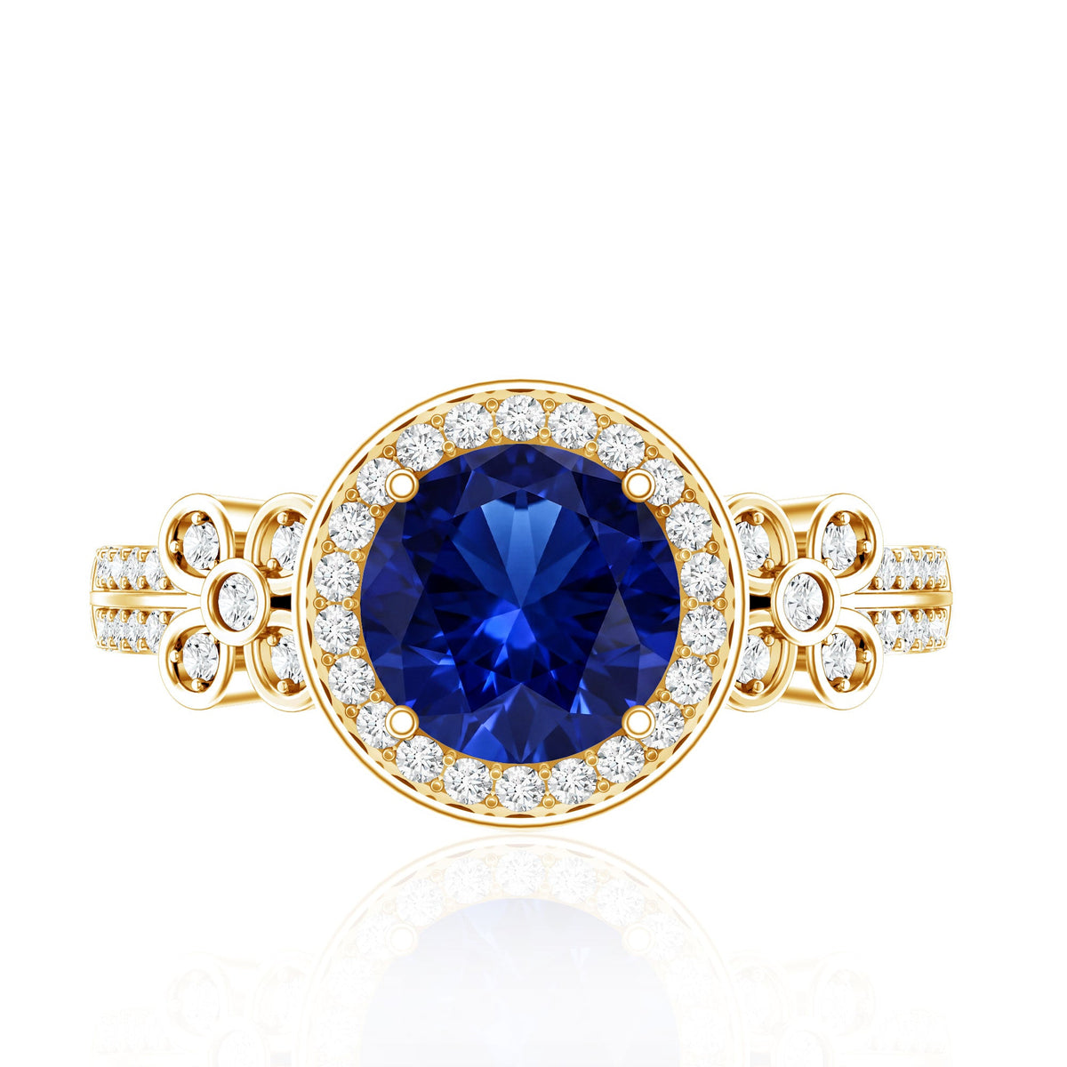 Certified 2.7 Carat Lab Grown Blue Sapphire Halo Engagement Ring with Diamond Flower