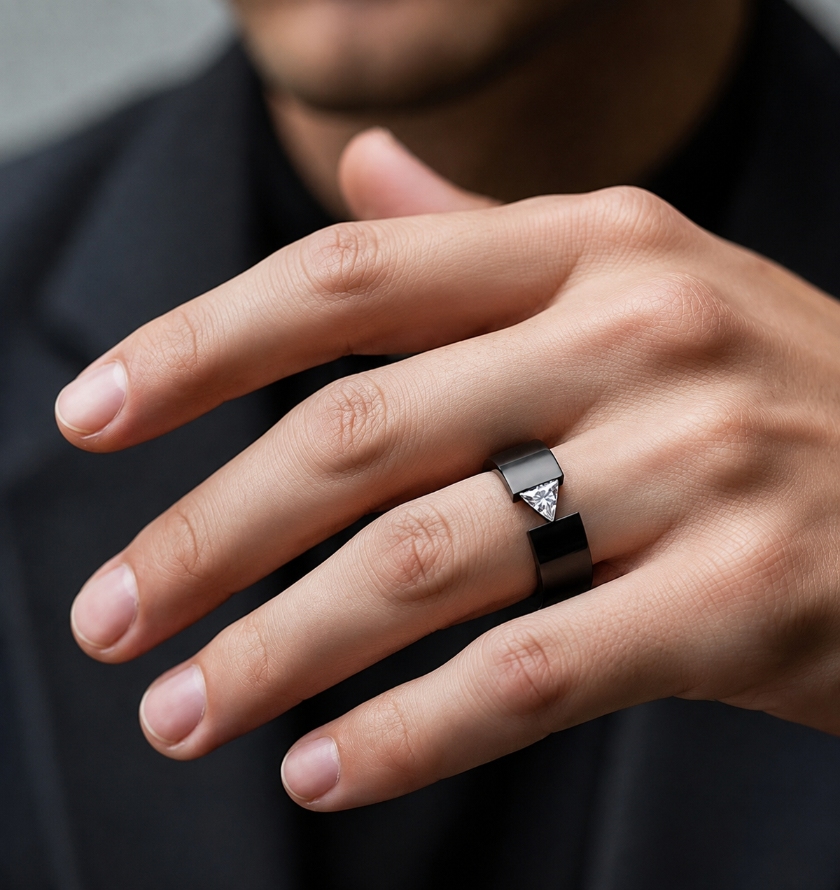 RG113B B.Tiff Black 1 ct Trillion Cut Solitaire Ring [Wide Band]
