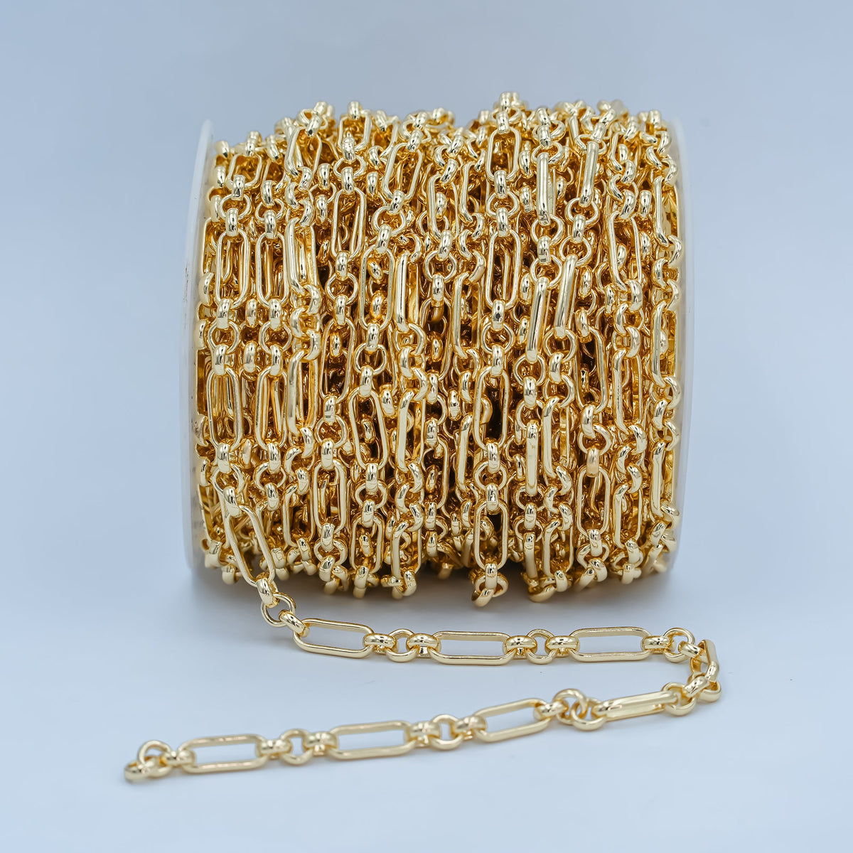 24K Gold Filled Chain By Yard, Figaro Fancy Long and Short Unfinished Chain, Wholesale Bulk Roll Chain For Jewelry Making, Size 12x5mm | ROLL-233