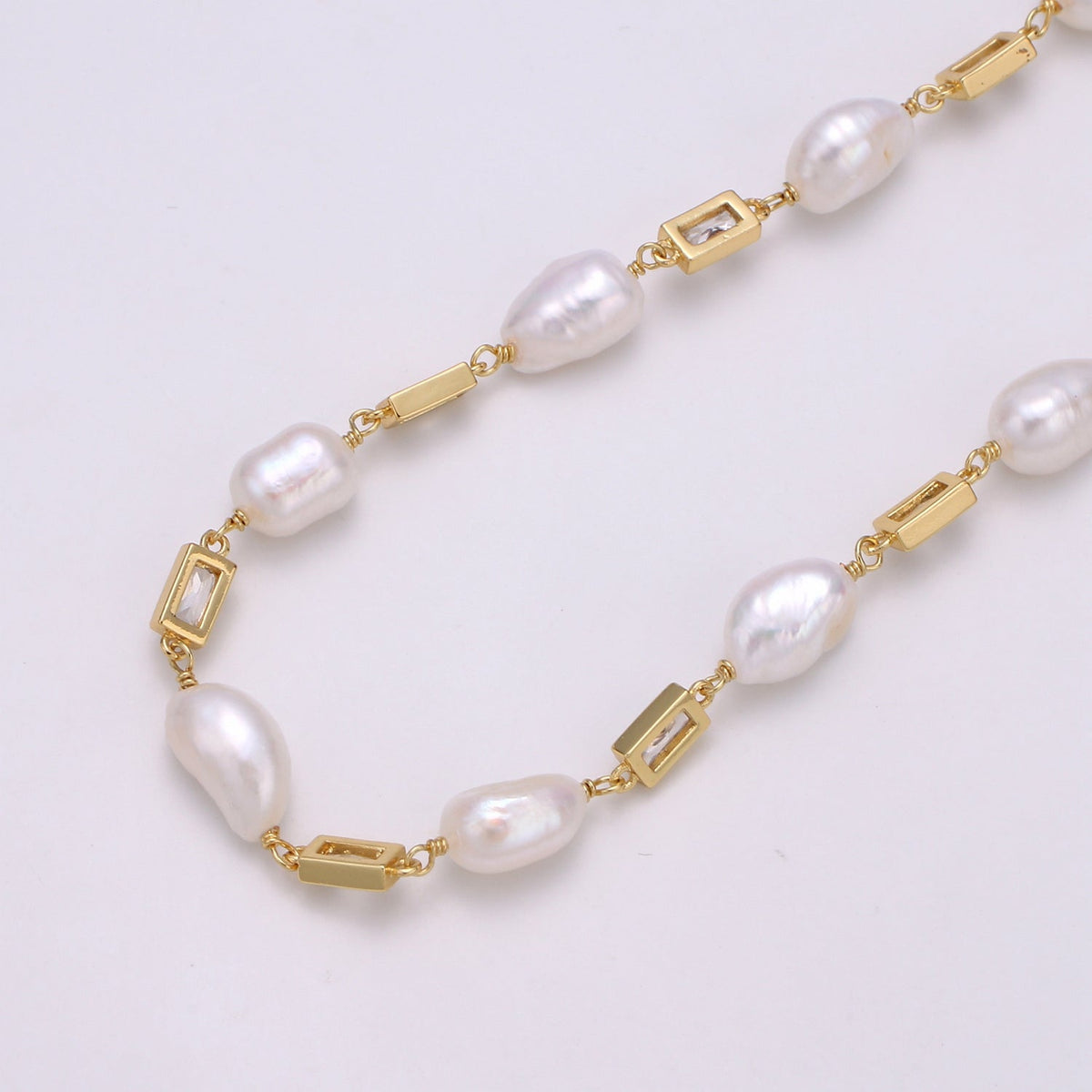 24K Gold Filled Chain by Yard, Baroque Pearl Micro Pave Clear Cubic Square Charm Chain, White Pearl CZ | ROLL-349, ROLL-350, ROLL-351 Clearance Pricing