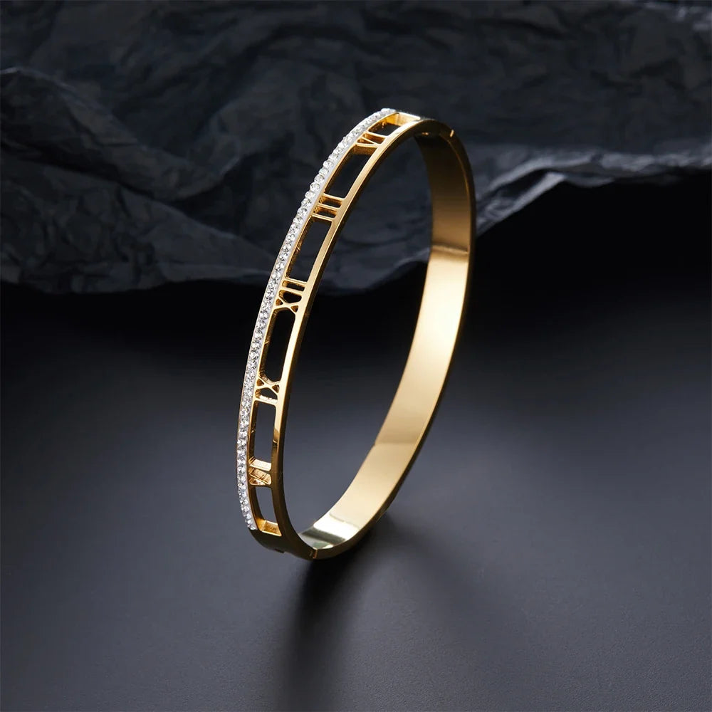Luxury Crystal Hollow Roman Numeral Bracelets For Women Men Stainless Steel Unisex Bangle Fashion Classic Jewelry Accessories