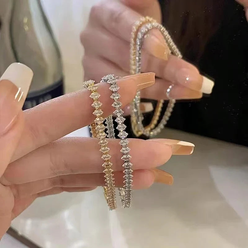 Luxury Roman Crystal Geometric Chain Bracelets for Women Trendy Goth Full Rhinestone Marquise Charm Tennis Bracelet Wed Jewelry