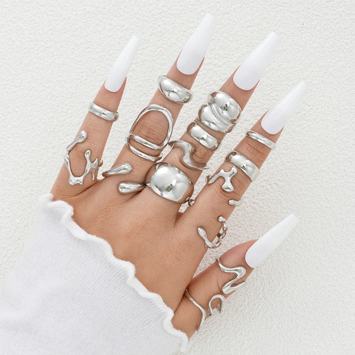 15Pcs Punk Smooth Geometric Open Rings Set For Women Exaggerated Irregular Silver Color Thick Chunky Ring Hip Hop Jewelry Gifts