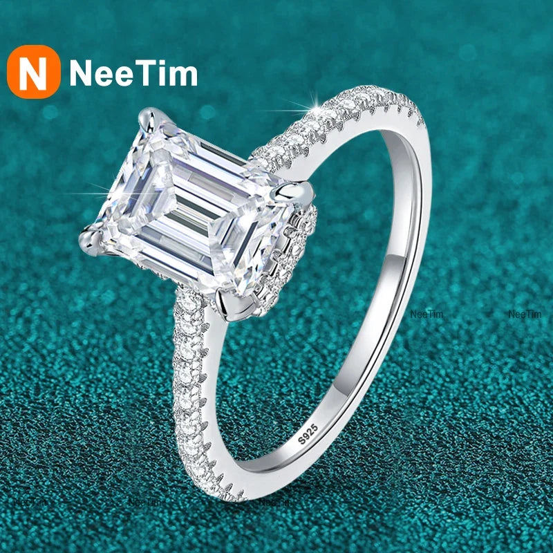 NeeTim 1ct 2ct 3ct Emerald Cut Moissanite Rings for Women 925 Sterling Silver Lab Diamond Wedding Engagement Ring Gemstone Band