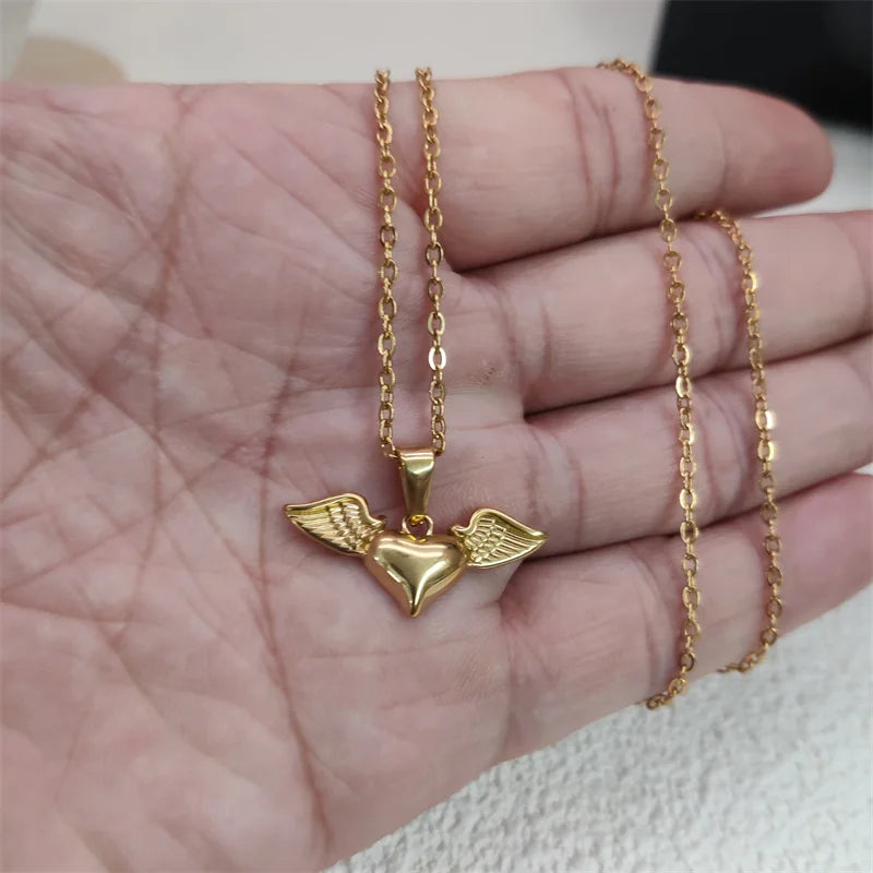 Angel's Wings Heart Rose Daisy 18k Gold Plated Stainless Steel Fashion Pendant Charm Necklaces For Women