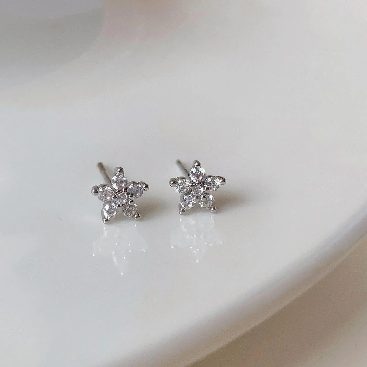 Pentagram Small Flower Zircon Stud Earrings S925 Sterling Silver Elegant Popular Female Accessories Gifts Party All Occasion