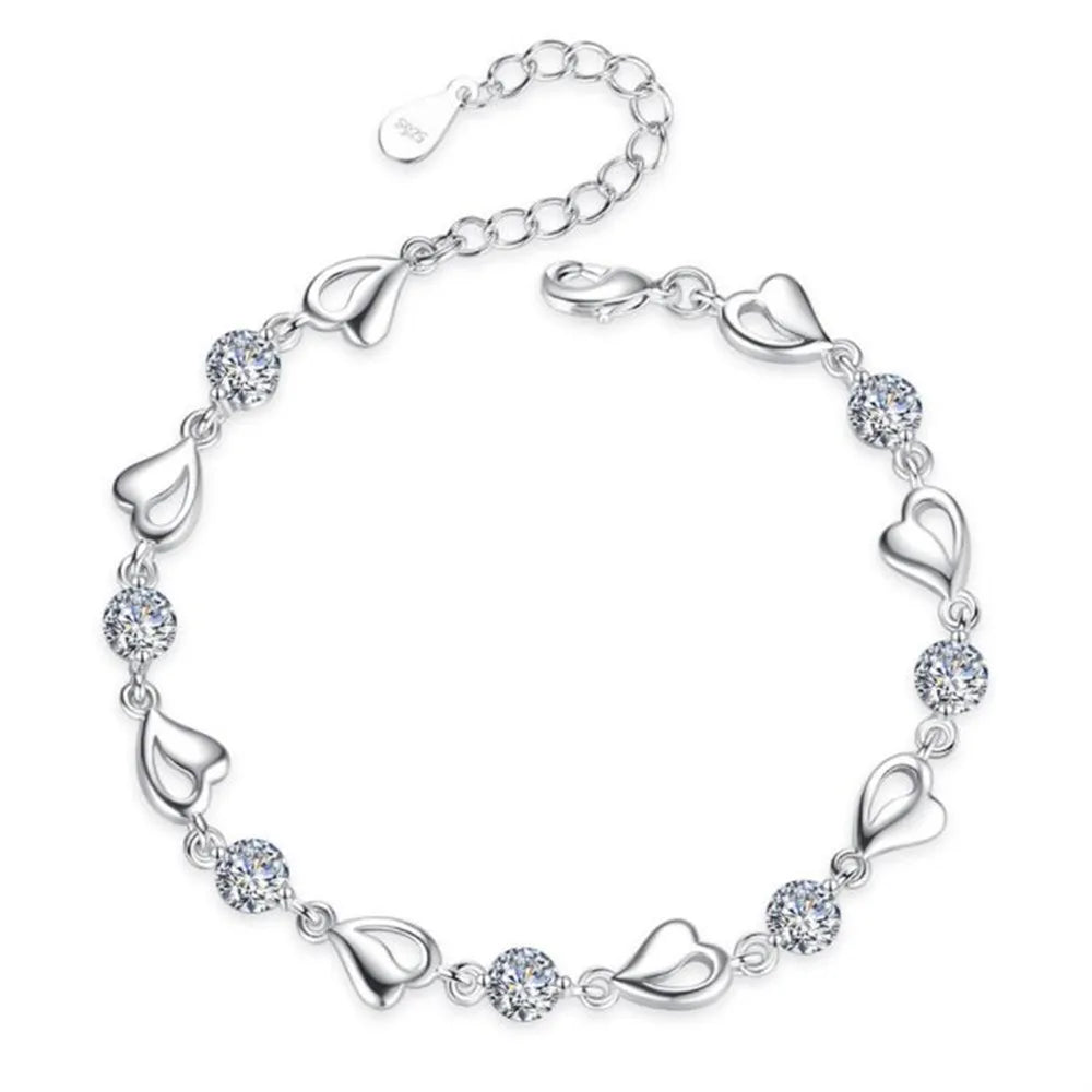 URBABY 925 Sterling Silver Bracelet Jewelry High Quality Retro Heart Wedding Shaped Cubic Zirconia Length 17CM+4CM