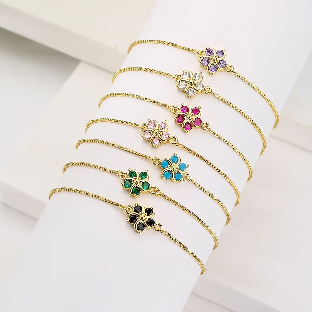 NEWBUY Fashion Gold Color Colourful CZ Zircon Flower Charm Bracelets For Women Party Jewelry Accessories