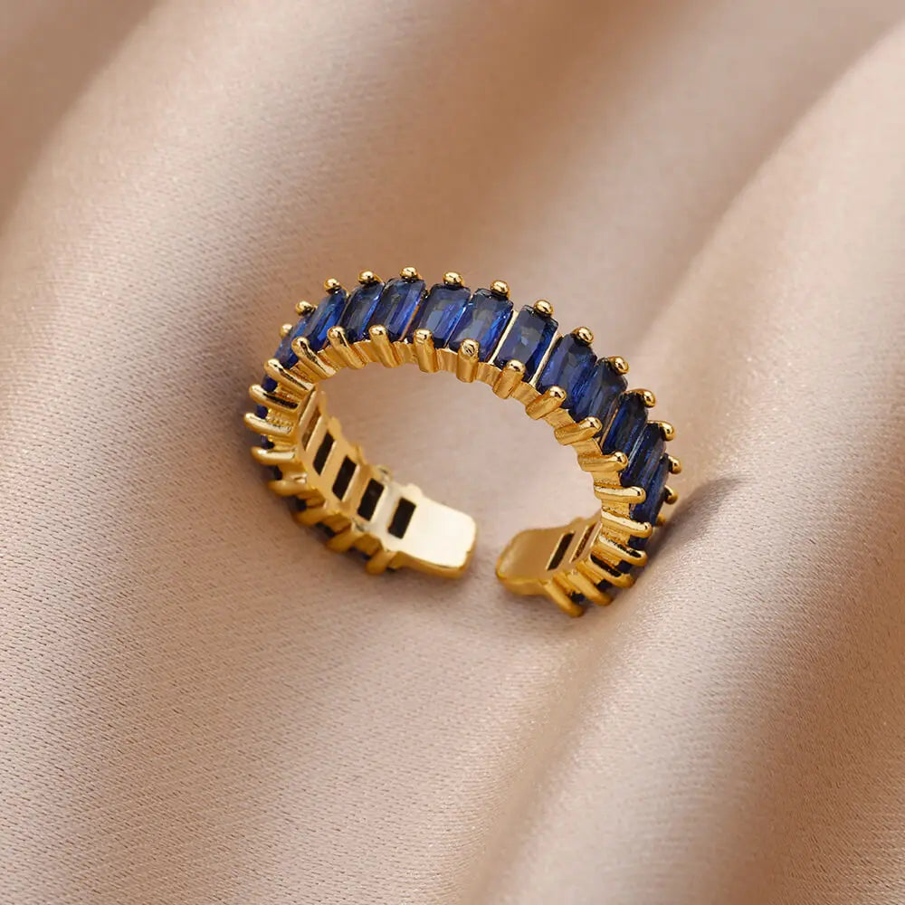 Gold Color Cubic Zircon Rings For Women Open Stainless Steel Green Luxury Crystal Finger Ring Boho Jewelry Wedding Party Gift