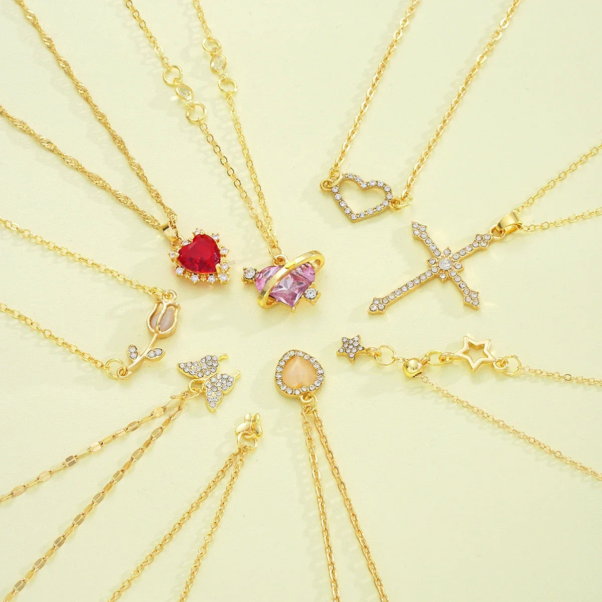 8 Pcs Simple Temperament Necklace Set For Women Elegant Gold Color Crystal Butterfly Cross Rose Heart Star Pendant Necklaces