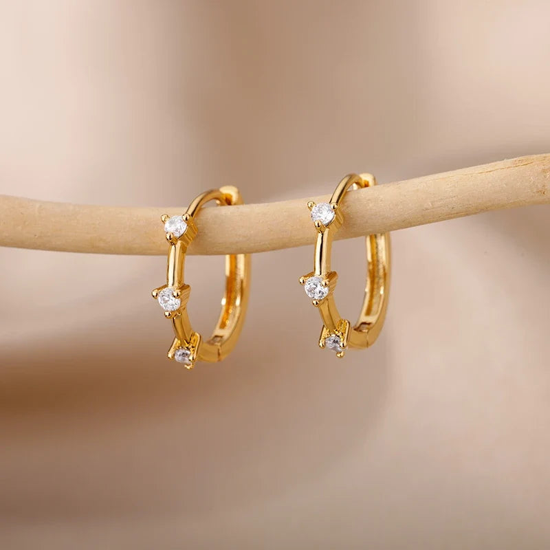 Cubic Zirconia Hoop Earrings For Women Luxury Crystal Zircon Gold Color Stainless Steel Earring Jewelry Wedding Party Gift