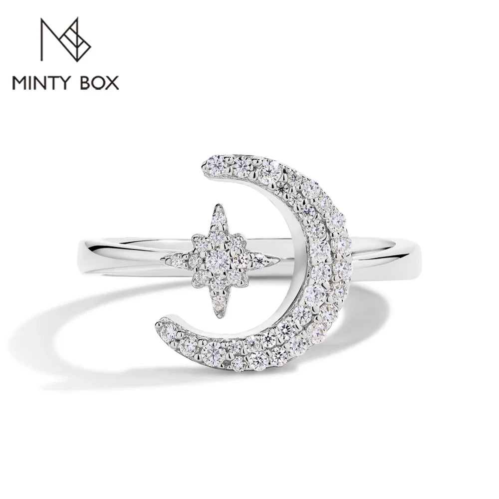 MINTYBOX 0.242CTW Star Moon S925 Sterling Silver Moissanite Rings For Women Lab Diamond Ring 18K Gold Plated Wedding Jewelr Gift