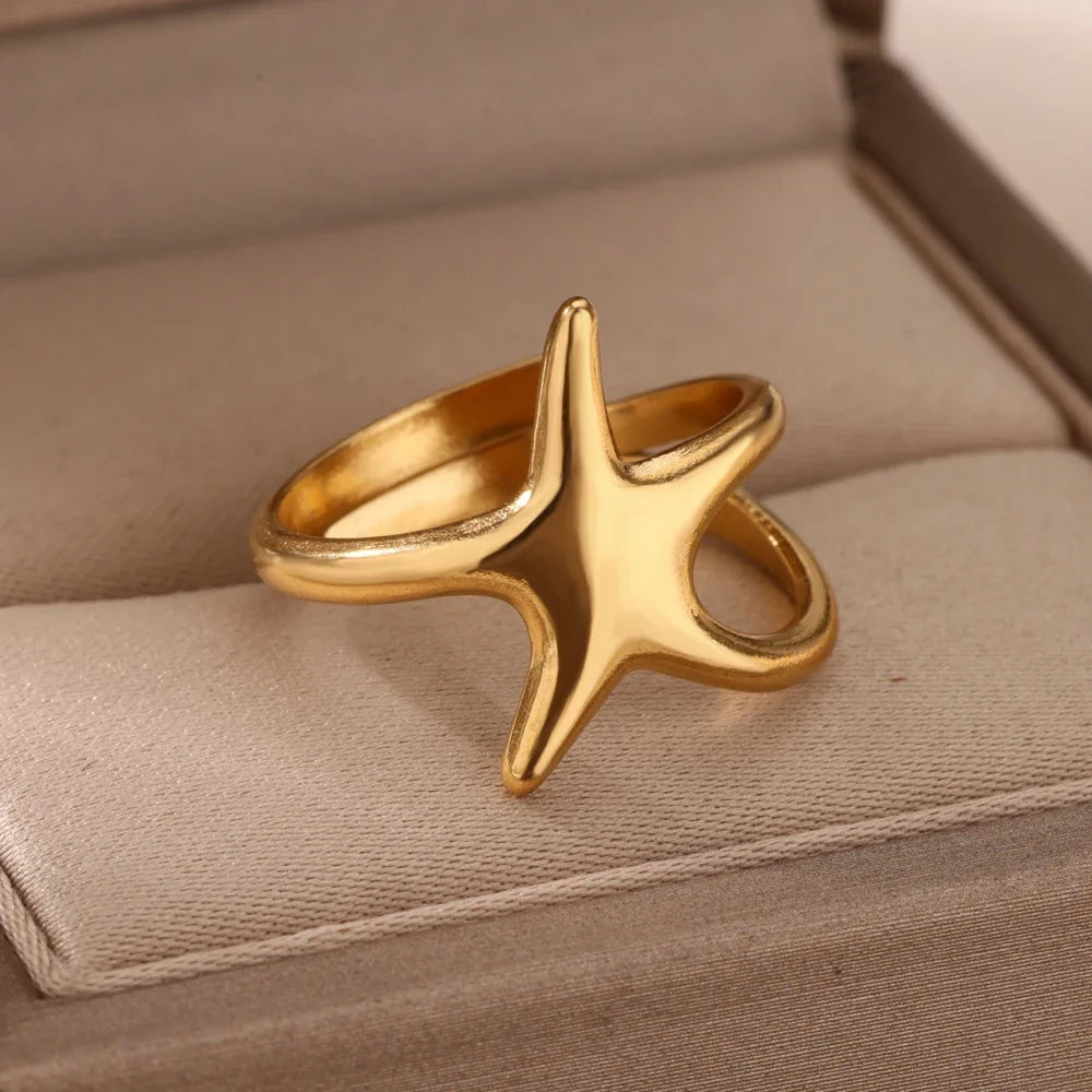 Starfish Shell Conch Stainless Steel Open Rings For Women Gold Color Adjustable Finger Ring Fashion Sea Vacation Jewelry Gifts