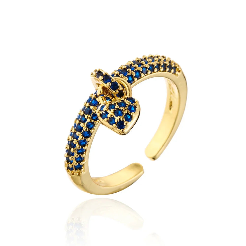 NEWBUY Fashion Colourful Cubic Zirconia Pave Setting Wedding Jewelry 2024 Trendy Gold Color Heart Charm Finger Ring For Women
