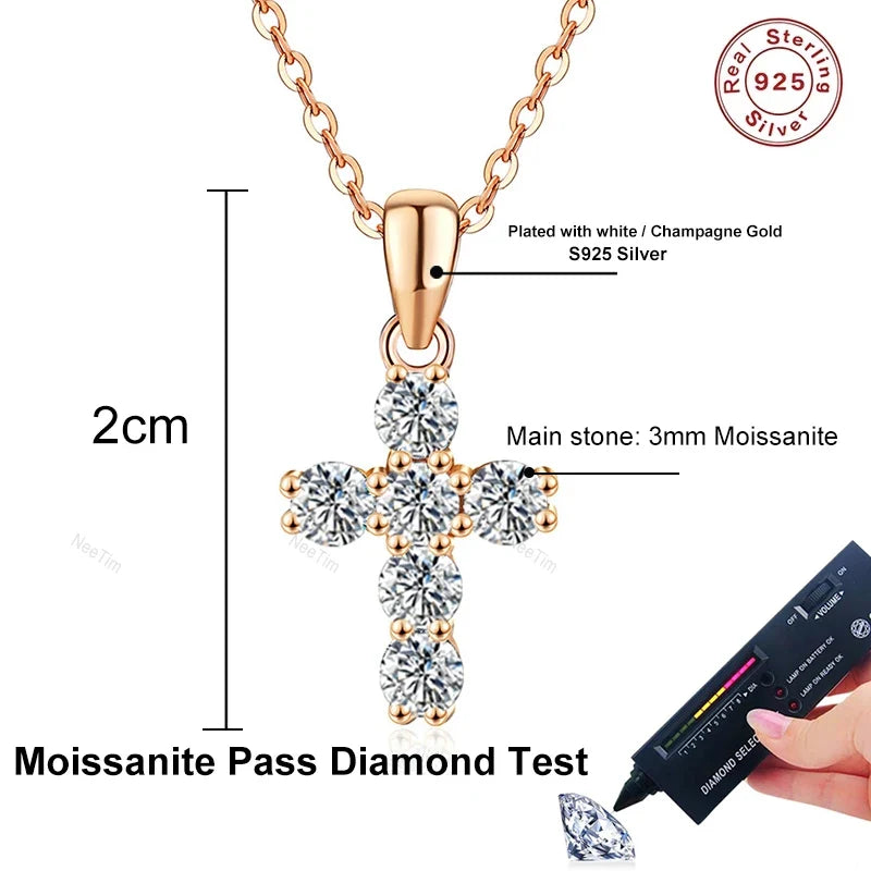 NeeTim 3mm D VVS1 Moissanite Cross Necklace for Women Lab Diamond Sterling Silver 925 Wedding Pendant Certified Necklaces