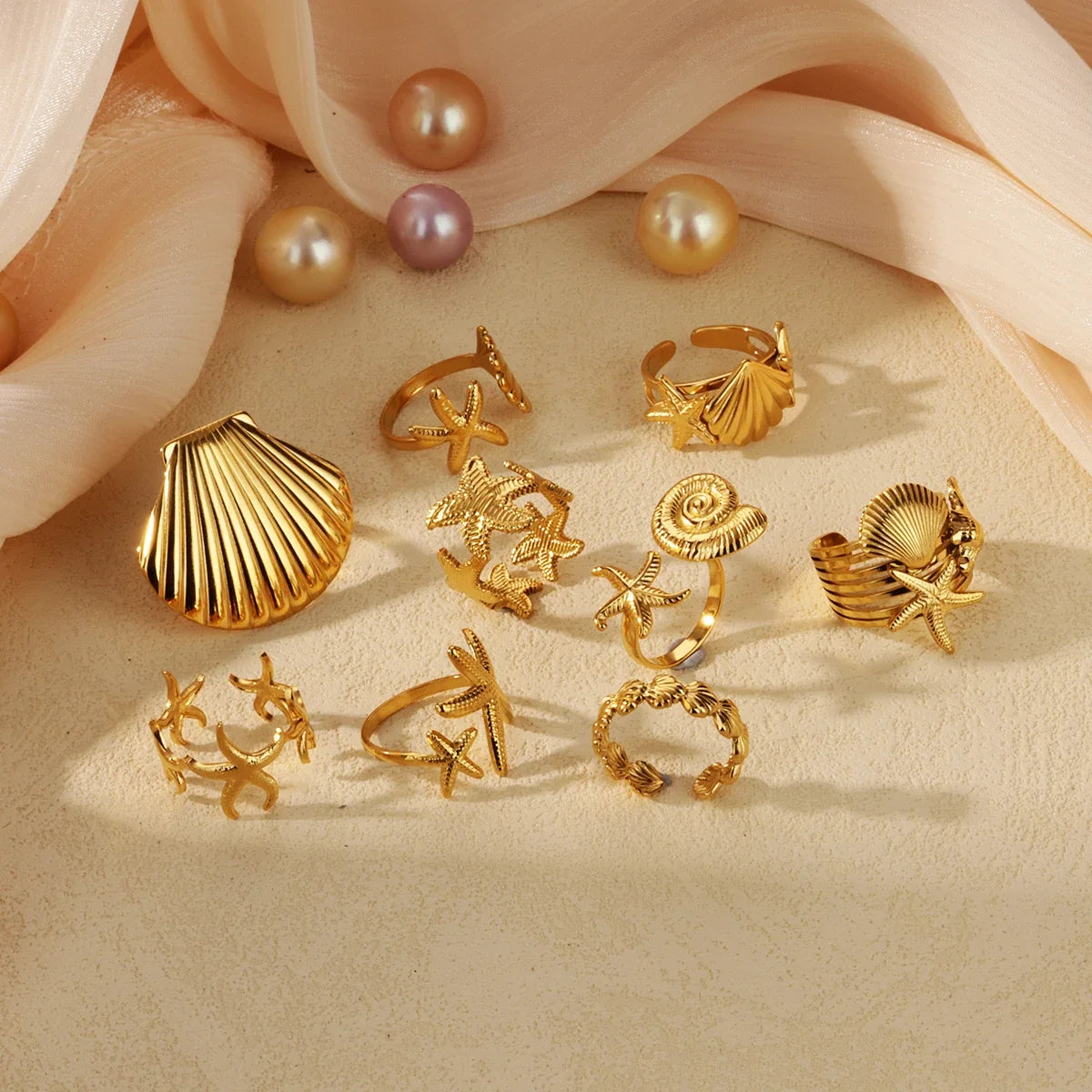316L Stainless Steel Starfish Shell Rings for Women Gold Color Open Finger Ring Femme Trendy Summer Vacation Ocean Jewelry Gift