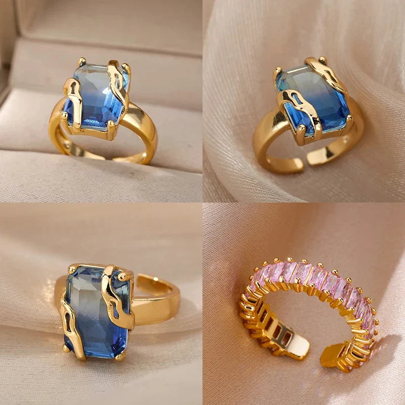 Cubic Zircon Blue Square Stone Rings For Women Stainless Steel Square Stone Finger Ring Party Aesthetic Valentine Jewelry Gift