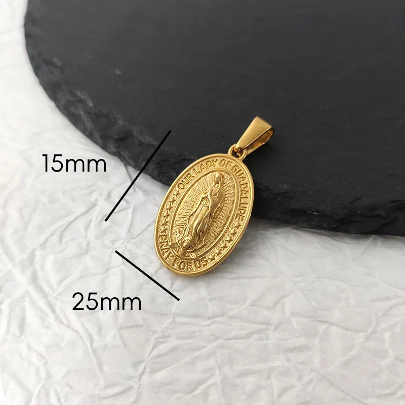 Virgin Mary Saint Michael Cross Prayer Pendant Necklace Gold Stainless Steel Religious Pendants Catholic Women/Men Jewelry