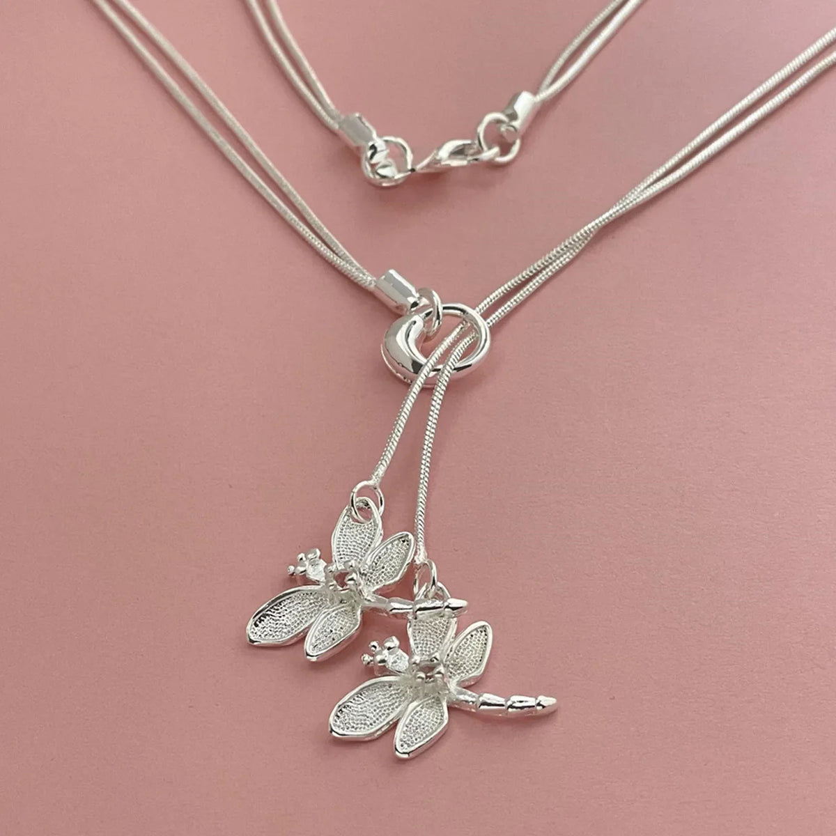 925 Sterling Silver Two Dragonfly Pendant Necklace For Women Snake Chain Necklace Wedding Engagement Jewelry