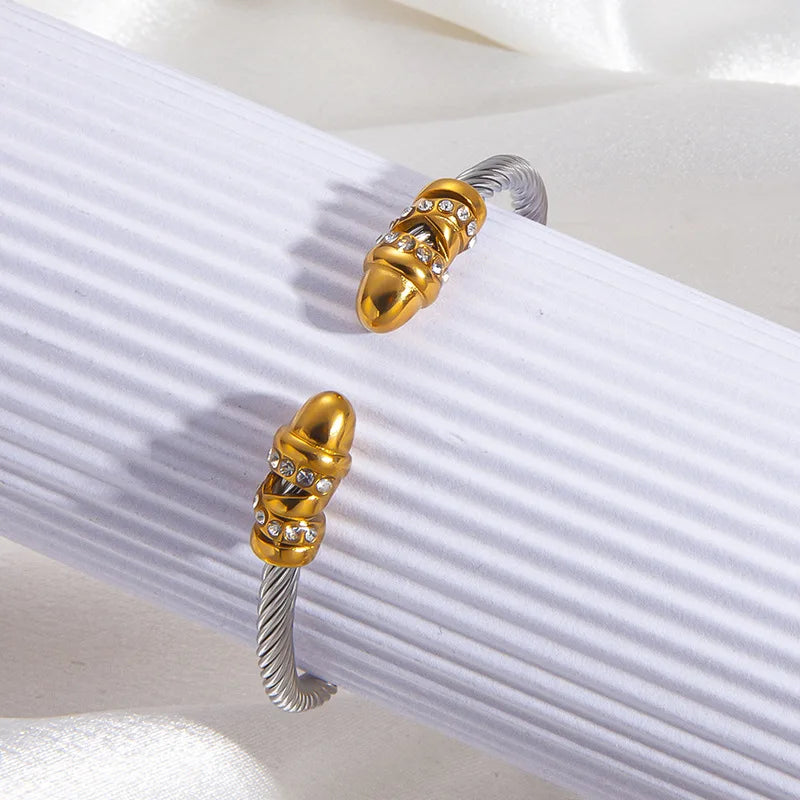 1pcs Stainless Steel Gold-plated Bangle Trendy Retro Hip-hop Style Bracelet Fried Dough Twists Steel Wire Rope Colorfast Bangle