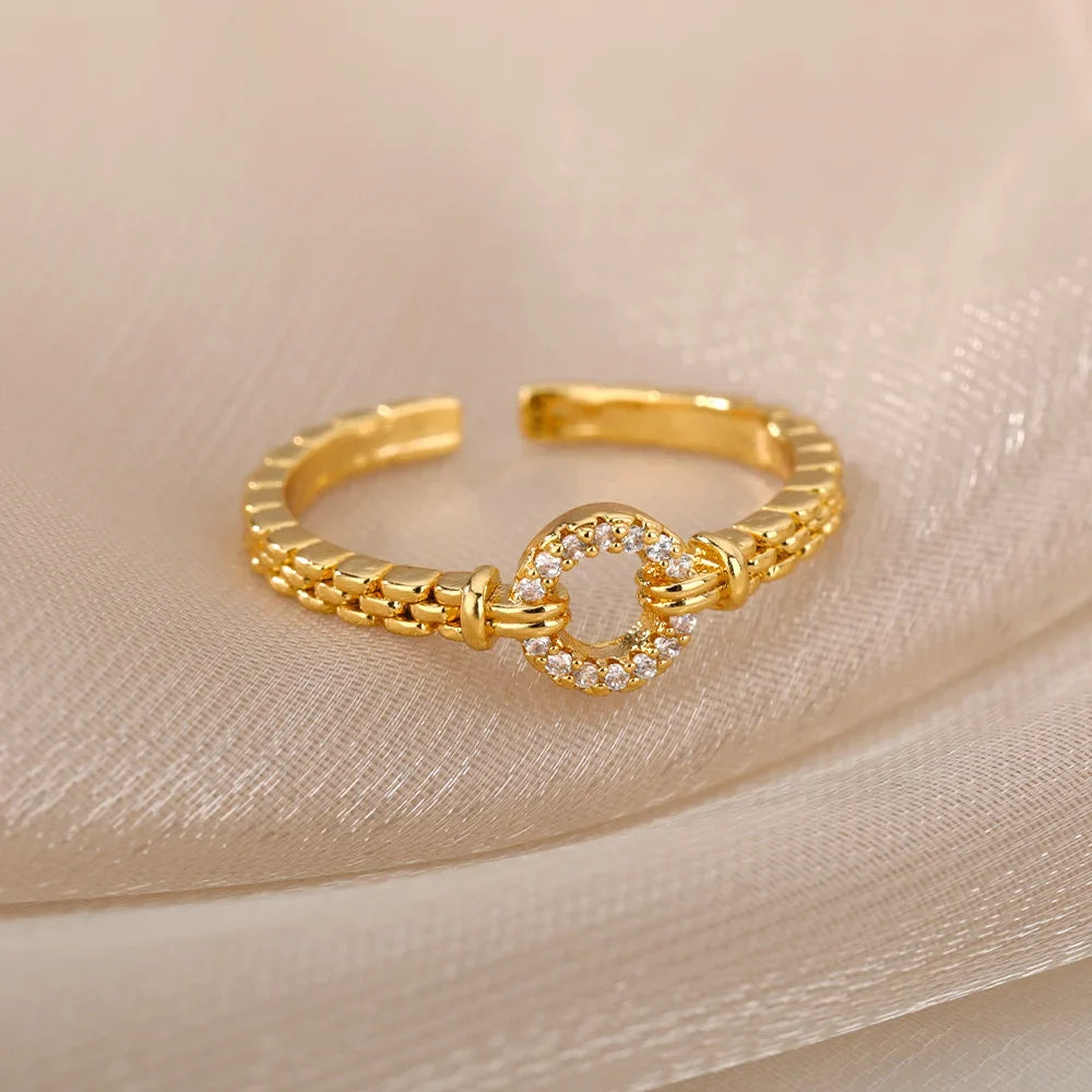 Zircon Heart Rings For Women Stainless Steel Gold Color Adjustable Open Finger Ring Wedding Aesthetic Jewelry Gift 2024