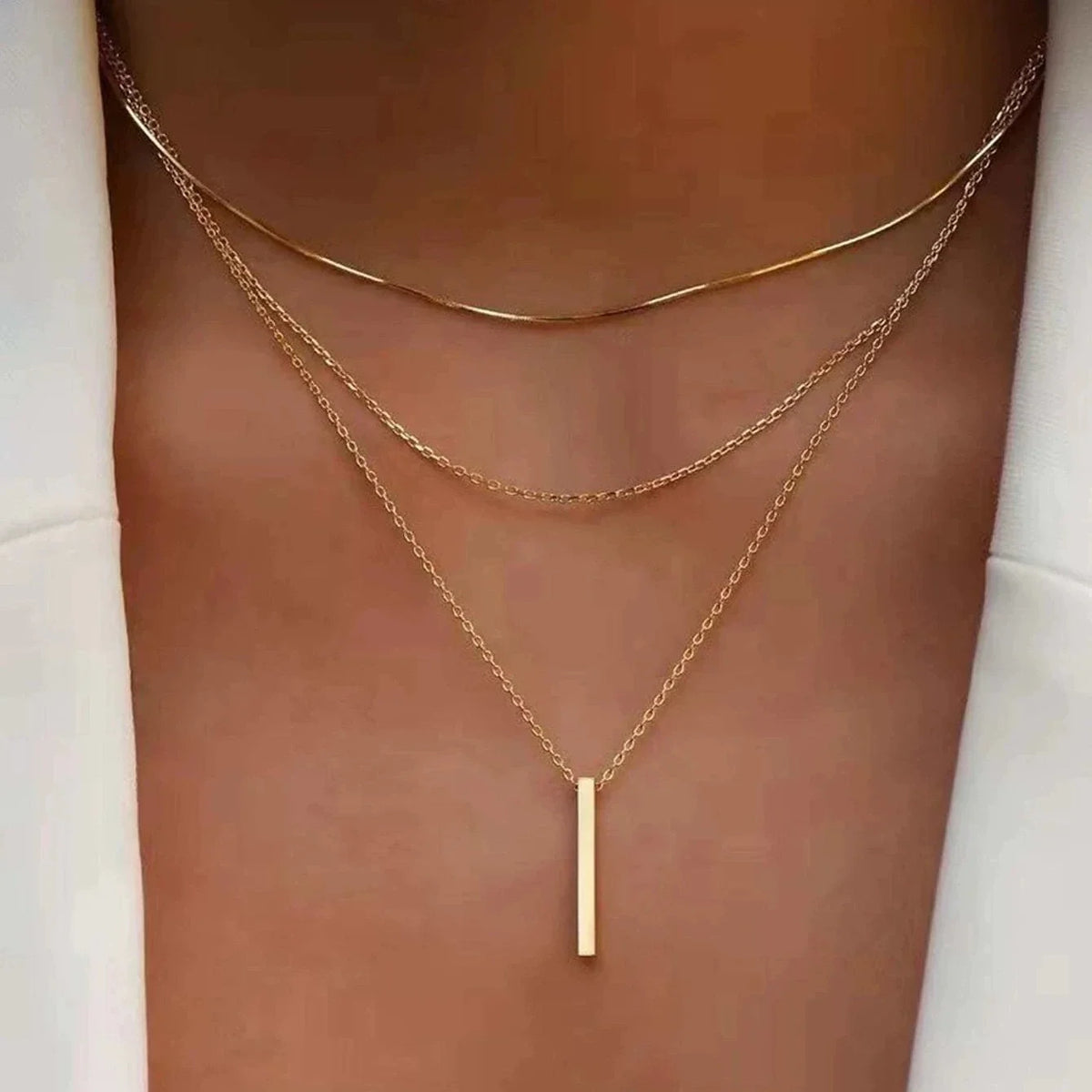 Fashion Layered Metal Bar Pendant Necklace for Women Daily Wear Gold Color Reactangle Clavicle Chain Collarbone Necklace Jewelry