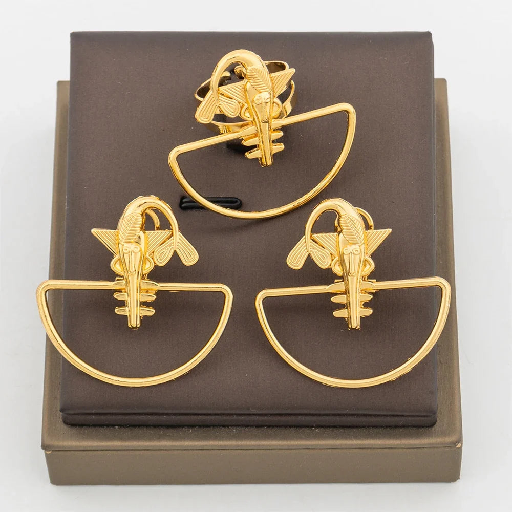 Trend Gold Color Earrings Jewelry Set for Women Hollow Design Clip Earrings with Finger Ring Daily Wear for Party Accessories